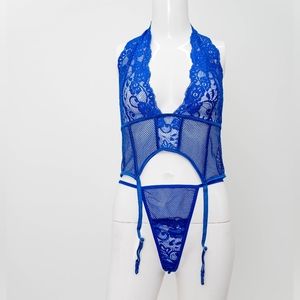 Blue Mesh and Lace Halter Bustier Garter and thong set